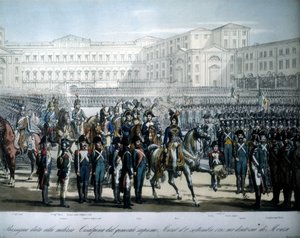 Joachim Murat (1767-1815), von Napoleon zum Marschall von Frankreich und König von Neapel ernannt, inspiziert die Truppen der Cisalpinischen Republik