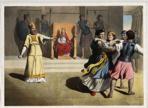 Joasch (Jehoasch) wurde vom Thron vertrieben und befahl den Tod der Königin Athalja mit Hilfe der Priester und wurde so König von Juda. Anonyme Gravur aus der Mitte des 19. Jahrhunderts.