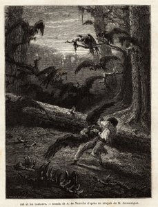 Job (Reisebegleiter des Redakteurs), von Geiern angegriffen. Gravur zur Illustration der Geschichte „Quatre mois en Florida“, von M. Pousselgue, 1851-1852, veröffentlicht in „Le tour du monde“, unter der Leitung von Edouard Charton, Hachette, Paris 1869 von Unknown artist