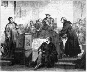 Johann Maier, bekannt als Johann Eck (1486-1543), deutscher katholischer Theologe und Martin Luther (1483-1546), deutscher protestantischer Theologe und Reformator in Pleissenburg im Jahr 1519. von Unknown artist