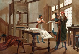 Johannes Gutenberg (1400-1468), deutscher Drucker, druckt das erste Blatt der Bibel. nach „Hombres y Mujeres celebres“. Barcelona 1877 von Unknown artist