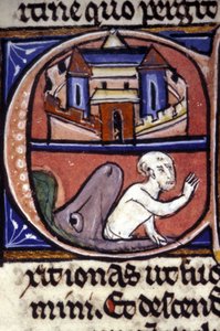 Jona, nach drei Tagen und drei Nächten im Bauch eines riesigen Fisches, wird von dem Tier ausgespuckt. Manuskript aus dem 14. Jahrhundert. Biblioteca nazionale braidense, Mailand.