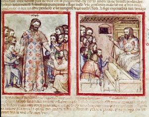 Joseph, schwer krank im Alter von 110 Jahren, vergibt seinen Brüdern, die sich vor ihm niederwerfen. Miniatur aus Codex 212 (oder Padovano Codice oder Bibel von Padua) 1390-1400 von Unknown artist