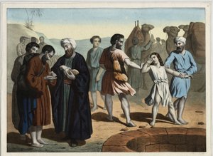 Joseph der Patriarch, verkauft von seinen zehn eifersüchtigen Brüdern, die ihn verschwinden lassen wollen. Anonyme Gravur des 19. Jahrhunderts.