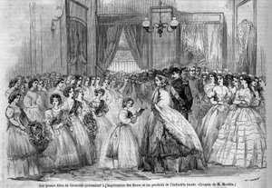 Reise von Kaiser Napoleon III. (1808-1873) und seiner Frau Eugenie de Montijo (1826-1920) zum Herzog von Savoyen nach der Annexion der Grafschaft Savoyen (März Turiner Vertrag): hier trifft das kaiserliche Paar in Grenoble junge Mädchen, die gekommen sind,