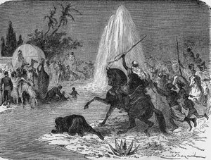 Freude der Araber beim Anblick des Wasserflusses aus dem artesischen Brunnen von Sidi-Rached, geschmiedet von den Franzosen, in der Sahara-Wüste. In 