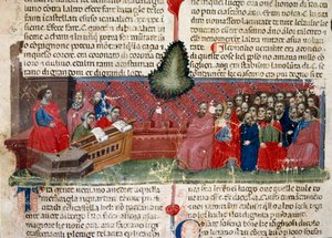 Julius Caesar (101-44 v. Chr.) auf dem Thron. Detail einer Manuskriptseite „Die Taten der Römer“ (Ms. 1538) um 1340. Florenz, Biblioteca Riccardiana von Unknown artist