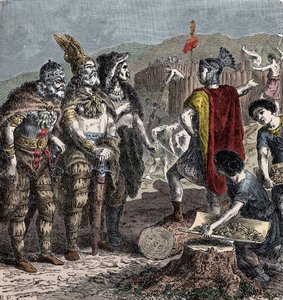 Julian und die fränkischen Häuptlinge - Treffen zwischen Kaiser Julian und den fränkischen Häuptlingen (Flavius Claudius Julianus, genannt Julian der Abtrünnige, auch Julian der Philosoph oder Julian II. oder Julian der Kaiser) - Stich aus dem späten 19. J von Unknown artist