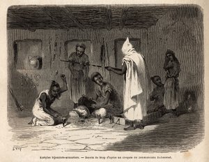 Kabylische Handwerker, bekannt für ihre Fertigkeiten in der Schmuck- und Waffenherstellung (und früher in der Falschgeldherstellung) in der Region Djura (Algerien). Gravur zur Illustration des Ausflugs in die Große Kabilie, zwischen dem Mittelmeer und dem 