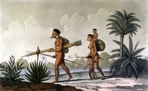 Kerengnatnuck, Häuptling der Botocudos, und seine Familie (Brasilien) - in „Das alte und moderne Kostüm“ von Ferrario, hrsg. Mailand