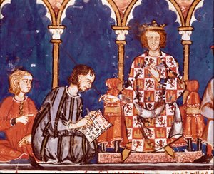 König Alfons X. der Weise assistiert einem Schreiber. Detail einer Miniatur aus dem Buch der Spiele von Alfons X. dem Weisen „Das Buch der Schachspiele, Würfel und Tafeln“ von Unknown artist