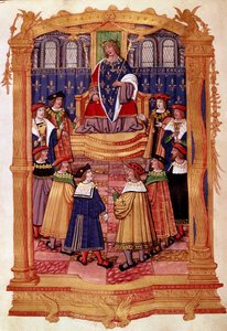 König Ludwig XI. (1423-1483) und die Ritter des Ordens vom Heiligen Michael. Miniatur aus dem Manuskript „Statuten des Ordens vom Heiligen Michael“ 15. Jahrhundert. Mailand, Biblioteca Trivulziana