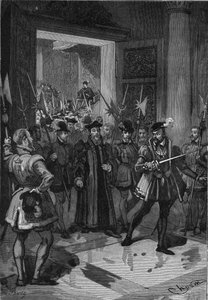 König von Frankreich Heinrich II. (1519-1559), in der Mitte, befiehlt seinem Konnetabel, die Berater zu verhaften. Gravur aus dem 19. Jahrhundert. In „Geschichte Frankreichs“ von Jules Michelet