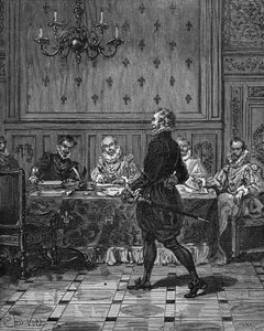 König von Frankreich Heinrich IV. bei einem Treffen mit seinen Botschaftern. Gravur des 19. Jahrhunderts. In „Histoire de France“ von Jules Michelet