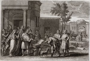 Königreichsbibel, Altes Testament: Abimelech von Gott bestraft. Abimelech (Abimelec oder Ahimelech oder Ahimelek), König von Gerar, der Sarah (Sarah), Abrahams Frau, mit Gewalt genommen hatte, aber glaubte, sie sei nur seine Schwester, wird von Gott getäus von Unknown artist
