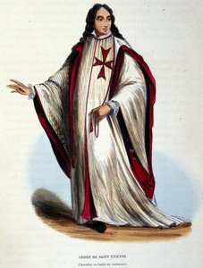 Ritter des Ordens von St. Stephan in Zeremonialkleidung. Militärischer und religiöser Orden, der 1561 vom Großherzog der Toskana gegründet wurde. Gravur aus dem 19. Jahrhundert von Unknown artist