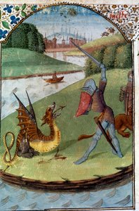 Ritter der Tafelrunde: „Lancelot kämpft gegen den Drachen“. Manuskriptminiatur „Der Roman von Lancelot du Lac“