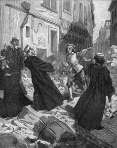 La Fronde (27. August 1648) - Barrikaden in Paris: ein Rotorjunge bedroht den Präsidenten des Parlaments, Mathieu Molé (1584-1656). Gravur des 19. Jahrhunderts. In „Histoire de France“ von Jules Michelet