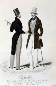 Die Mode vom 26. Juli 1834: (männliche Mode) Blattsuit - Hosen aus Kaschmir - Redingote mit Samtkragen - Weste aus Piqué - Hosen aus Maulwurfsfell und Zylinderhut von Unknown artist