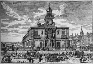 La Samaritaine, Wasserpumpe auf der Pont Neuf, Gravur aus dem 17. Jahrhundert. Gravur in „La Nature. Revue des sciences et de ses applications aux arts et à l