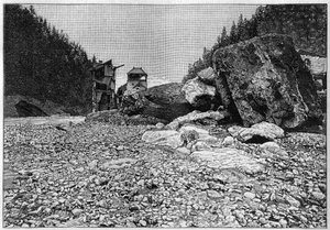 Die Katastrophe von Saint-Gervais (Saint Gervais) oder die Katastrophe des Gletschers Tete Rousse (Département Haute-Savoie) (12.-13. Juli 1892) - Bäder von Saint-Gervais nach der Katastrophe mit den riesigen Blöcken, die vom Bach transportiert wurden, Gra von Unknown artist