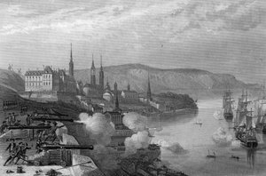 Die Verteidigung von Quebec durch den Grafen De Frontenac. in „Histoire générale de la marine“ von Van Tenac