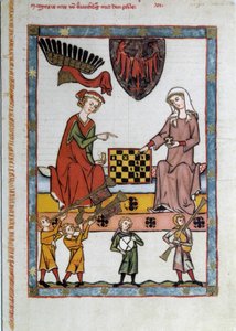 Das Schachspiel (Ein Paar spielt Schach, umgeben von Musikern) - Miniaturmalerei auf Pergament von Unknown artist
