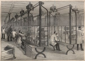 Die Briefpost: das Sortieren der Briefe im Hôtel des Postes in Paris - Gravur in „La Science française“