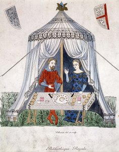 Lancelot und Guinevere essen unter einem Zelt, entnommen aus „Lancelot du lac“, nach einem Dokument von 1370