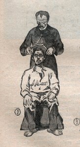 Die anthropometrische Justiz oder Bertillonage, Methode von Alphonse Bertillon (1853-1914): Messung des transversalen Schädeldurchmessers - Gravur in „La Science française“ von Unknown artist