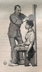 Die gerichtliche Anthropometrie oder Bertillonage, Methode von Alphonse Bertillon (1853-1914): Messung des Oberkörpers - Gravur in „La Science francaise“ von Unknown artist