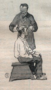 Die gerichtliche Anthropometrie oder Bertillonage, Methode von Alphonse Bertillon: Messung des Querdurchmessers des Schädels - Gravur in „La Science française“ von Unknown artist