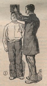 Die gerichtliche Anthropometrie oder Bertillonage, Methode von Alphonse Bertillon (1853-1914): Messung der Körpergröße - Gravur in „La Science française“ von Unknown artist