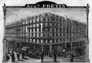Große Strumpffabrik „Auguste Fretin“, Paris VI. Arrondissement, 64, rue de Rennes. Gravur von 1883