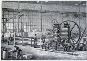 Großes Walzwerk zur Reduzierung von Blöcken aus gereinigtem Gummi zu Platten - in „Die Wunder der Industrie“ von Louis Figuier