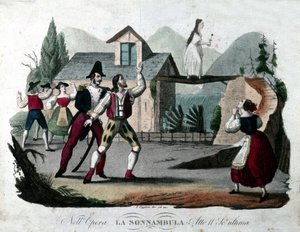 Letzte Szene des zweiten Akts von „La Sonnambula“ von Vincenzo Bellini. Gravur von 1835.