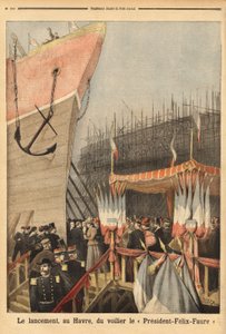 Stapellauf des Segelschiffs „President Felix Faure“, am 3. Februar in Le Havre, gesponsert von Lucie Faure, der Tochter des Staatsoberhauptes und Louis Brindeau, Bürgermeister von Le Havre; es ist das erste einer Serie von 4-Mast-Segelschiffen, die ab 1896