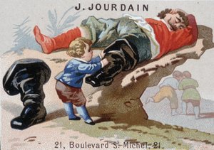 Le Petite Poucet zieht seine Siebenmeilenstiefel aus dem schlafenden Oger aus - Werbeetikett Jourdain