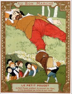 Le Petite Poucet zieht seine Siebenmeilenstiefel aus dem schlafenden Oger aus - Bon Marché Werbeetikett, Ende 19. Jahrhundert von Unknown artist