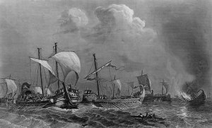 Die Schlacht von Salamis und die Niederlage von Xerxes, 5. Jahrhundert. In „Allgemeine Geschichte der Marine“ unter der Leitung von Herrn Van Tenac.