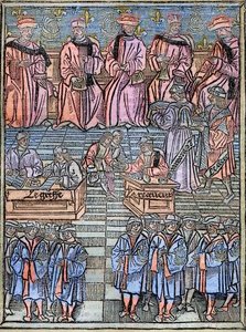 Le prévôt des marchands et les échevins de Paris au 16ème siècle, Kupferstich nach dem Original von 1528 - Provost der Kaufleute und Schöffen von Paris, Szene der Steuererhebung, Titelseite aus 