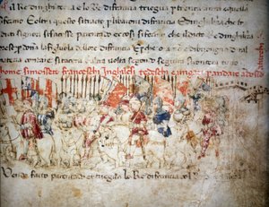 Liga der Franzosen, Engländer, Deutschen und Ungarn gegen die Türken im Jahr 1391 - in „Croniche del Sercambi“, um 1400. Nationalarchiv, Lucca. von Unknown artist