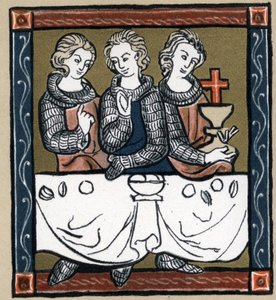 Artussage: Galahad (Gaalad oder Galaad), Perceval und Bohort (Bors oder Borrt) mit dem Heiligen Gral. In „Geschichte der französischen Literatur“ von Hermann Suchier