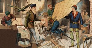 Leonardo da Vinci experimentiert mit seiner Flugmaschine. Chromolithographie des 19. Jahrhunderts. von Unknown artist