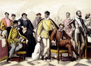 Les Valois - Von 1547 bis 1589. Heinrich II., Katharina von Medici (Caterina de Medici), Karl IX., Heinrich III., Heinrich IV. Gravur des 19. Jahrhunderts. von Unknown artist