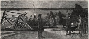 Die Abwasserkanäle von Paris: ein „Spülboot“ zur Reinigung des Sammelkanals - Gravur aus „Le Monde Illustré“ von Unknown artist