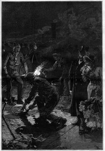 Die Arbeiter verlegen Asphalt in der Nähe des Théâtre-Français (Comédie-Française) in den Straßen von Paris und führen die Arbeiten nachts durch. Gravur in "Le Monde Illustré" von Unknown artist