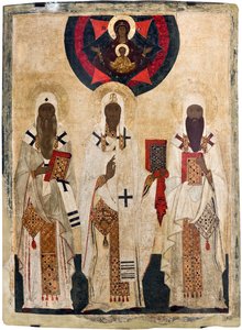 Russische Ikone: Die drei heiligen Bischöfe von Rostow: Isaia, Leontius und Ignatius