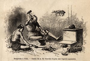 Schmiede vor ihrer Schmiede in Yedo (oder Edo, kaiserliche Hauptstadt, heutiges Tokio). Gravur zur Illustration der Reise nach Japan in den Jahren 1863-1864 von Aime Humbert, Minister der Schweizerischen Eidgenossenschaft, in „Le tour du monde, nouveau jou von Unknown artist