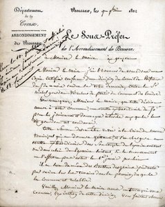 Brief des Unterpräfekten der Creuse (Arrondissement von Boussac) an den Bürgermeister von Gouzon, 9. September 1822 von Unknown artist